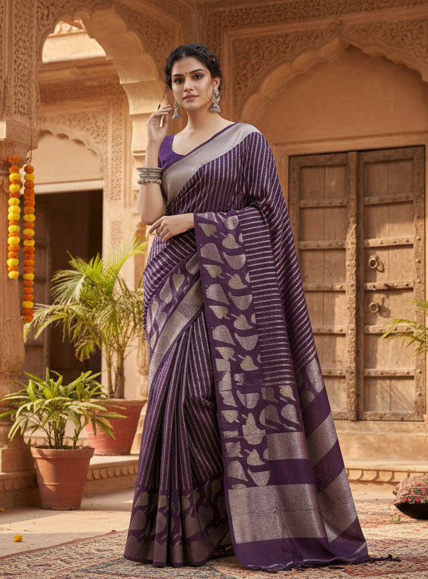 Women's Purple Silk Printed Saree With Unstitched Blouse -5.5 Mtr