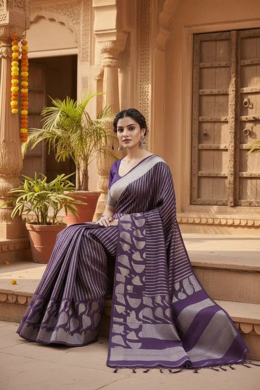 Women's Purple Silk Printed Saree With Unstitched Blouse -5.5 Mtr Kashvii