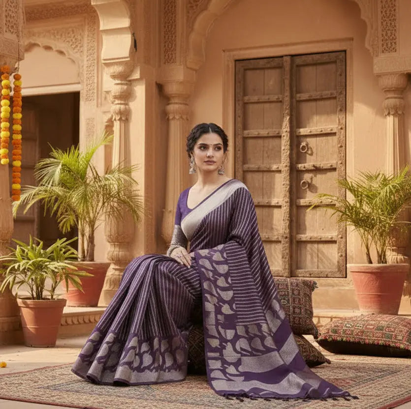 Women's purple silk printed saree with unstitched blouse  5
