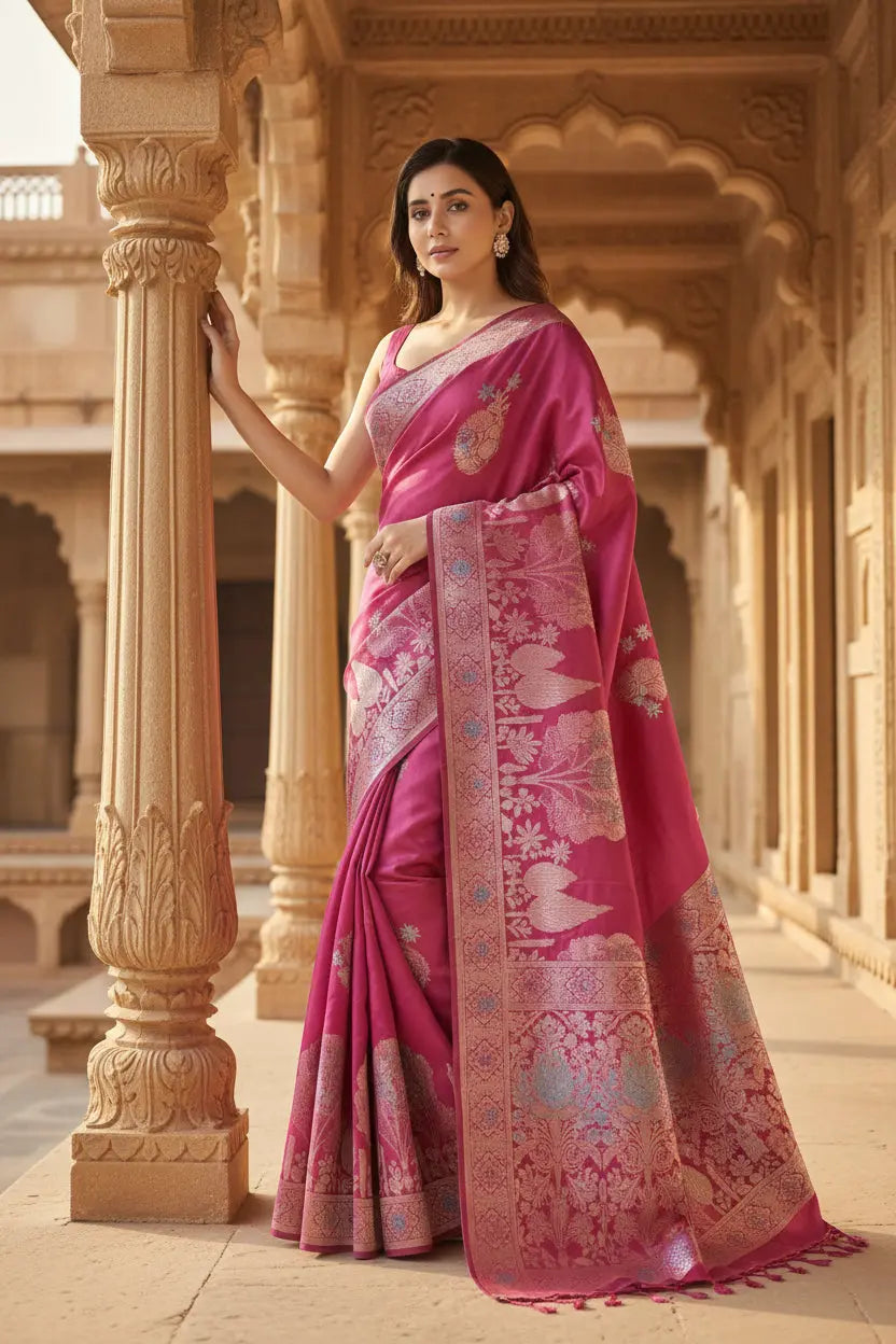 Women's Rani Pink  Silk Printed Saree With Unstitched Blouse -5.5Mtr Kashvii