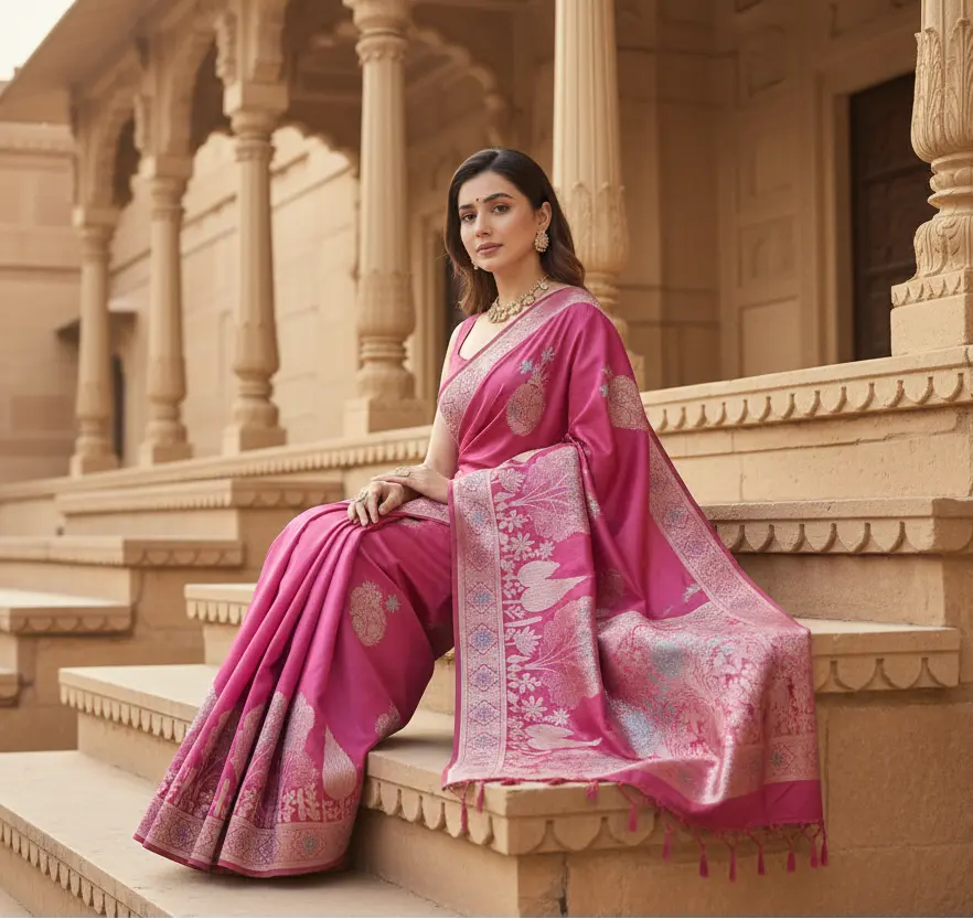 Women's Rani Pink  Silk Printed Saree With Unstitched Blouse -5.5Mtr Kashvii