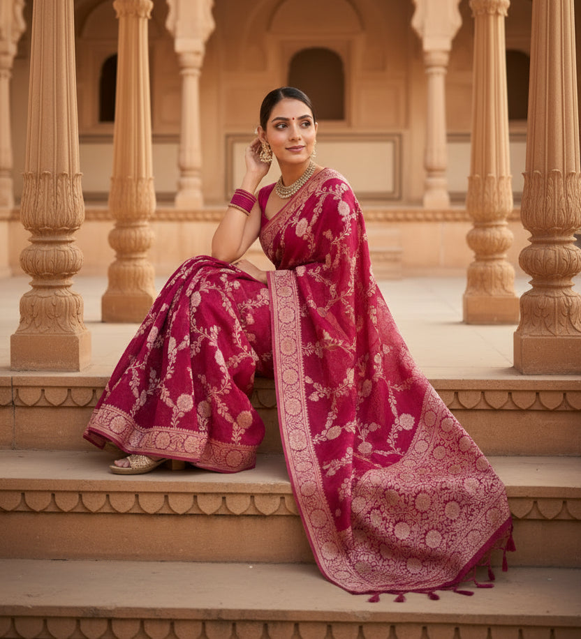 Women's pink silk printed saree with unstitched blouse  5