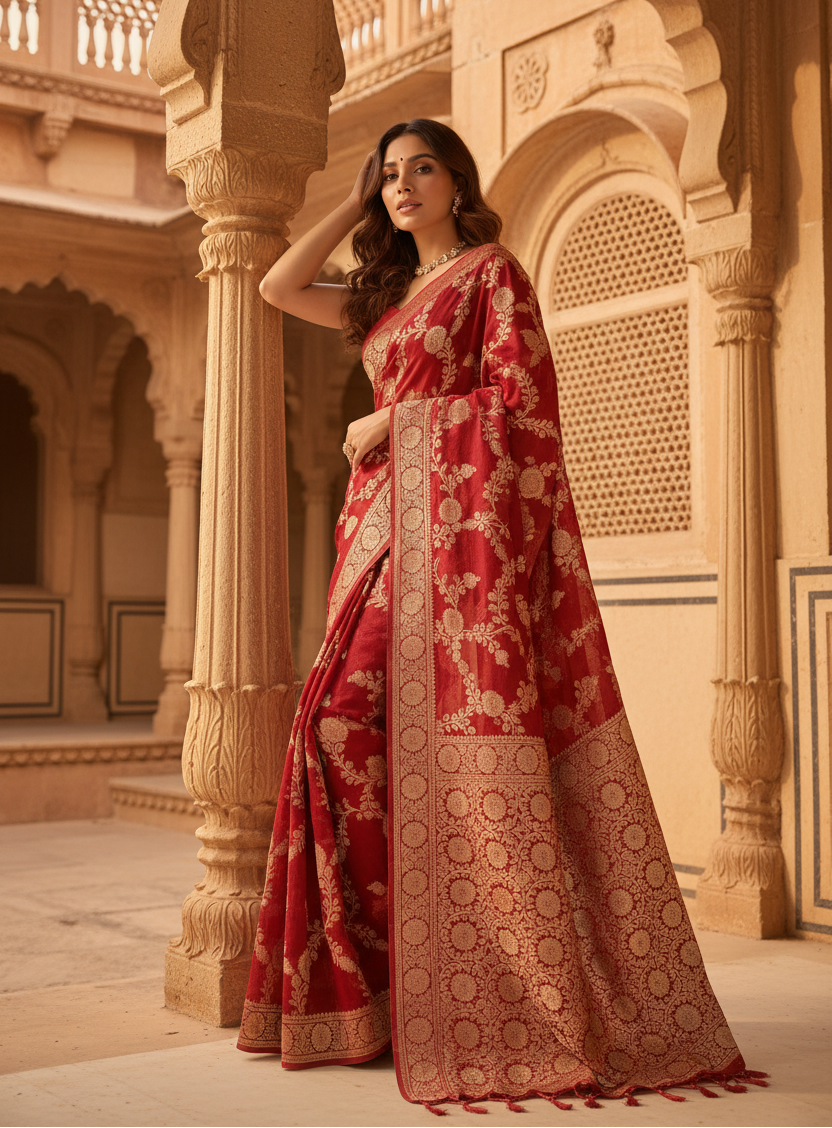 Women's Red Silk Printed Saree With Unstitched Blouse -5.5Mtr Kashvii
