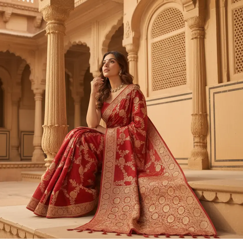 Women's red silk printed saree with unstitched blouse  5