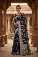 Load image into Gallery viewer, Women's Dark Blue Silk Printed Saree With Unstitched Blouse -5.5Mtr Kashvii
