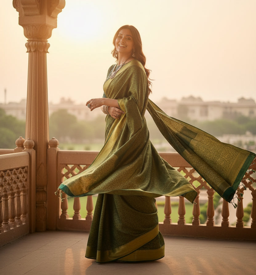Women's green silk printed saree with unstitched blouse  5