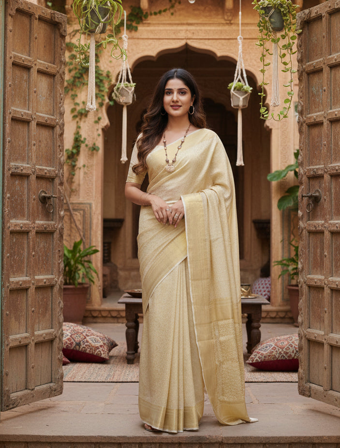 Women's Silk Printed Saree With Unstitched Blouse 5.5Mtr (Cream) Kashvii