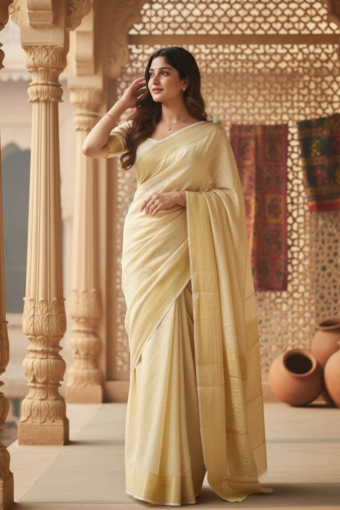 Women's Silk Printed Saree With Unstitched Blouse 5.5Mtr (Cream)