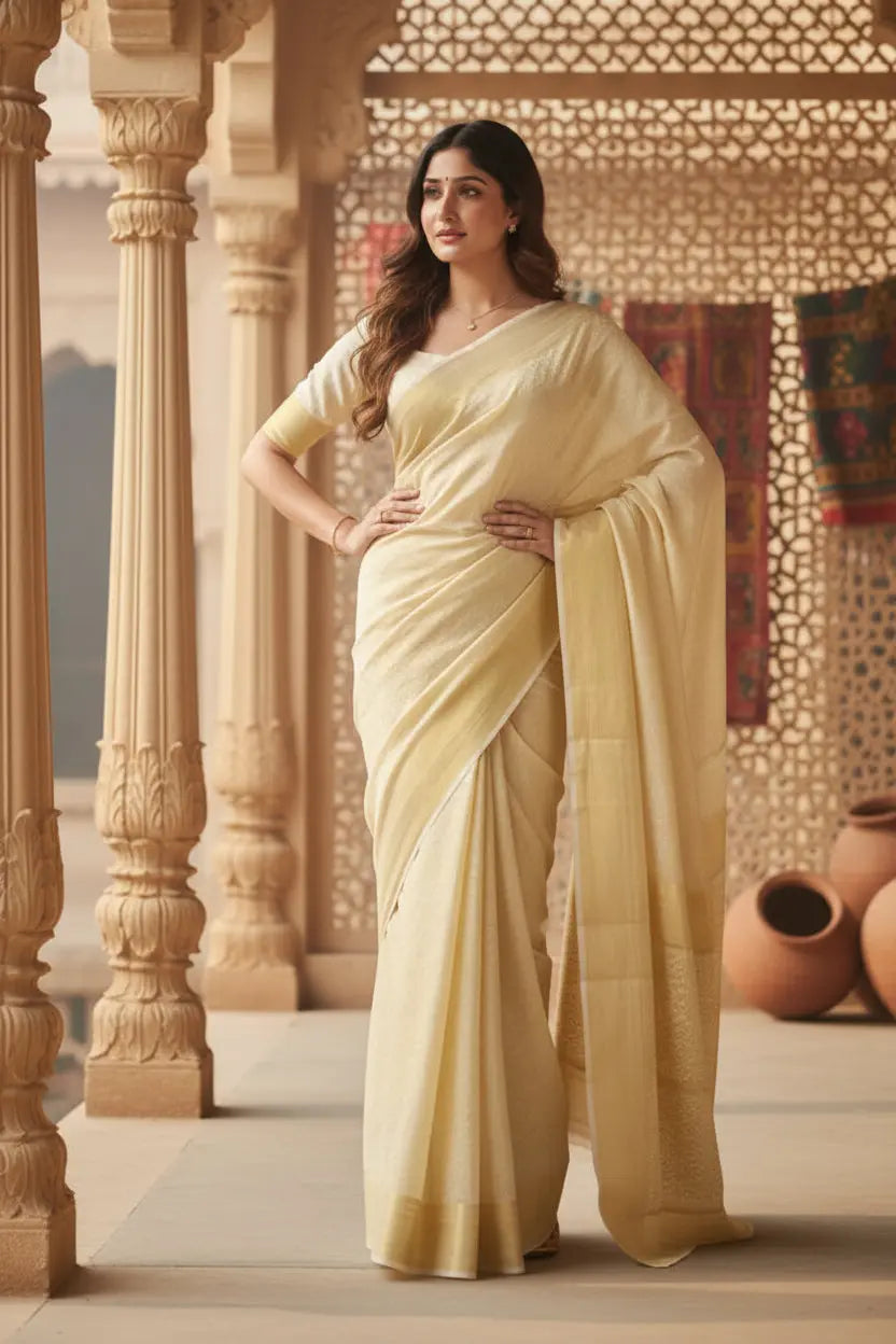 Women's Silk Printed Saree With Unstitched Blouse 5.5Mtr (Cream) Kashvii