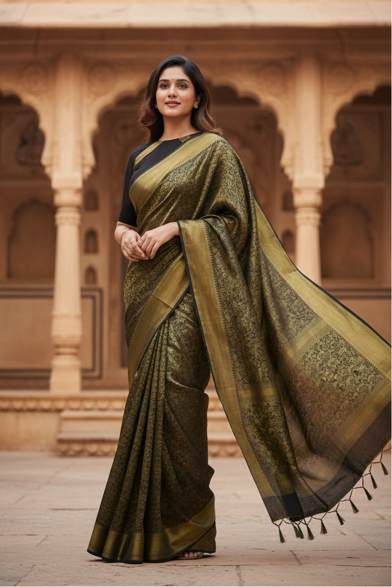 Women's Silk Printed Saree With Unstitched Blouse 5.5Mtr (Black) Kashvii