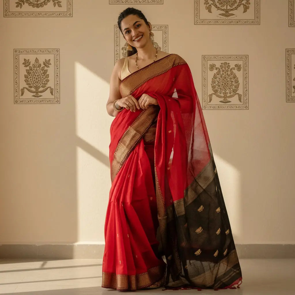 Women's Cotton  Printed Saree With Unstitched Blouse 5.5Mtr (Red) Kashvii