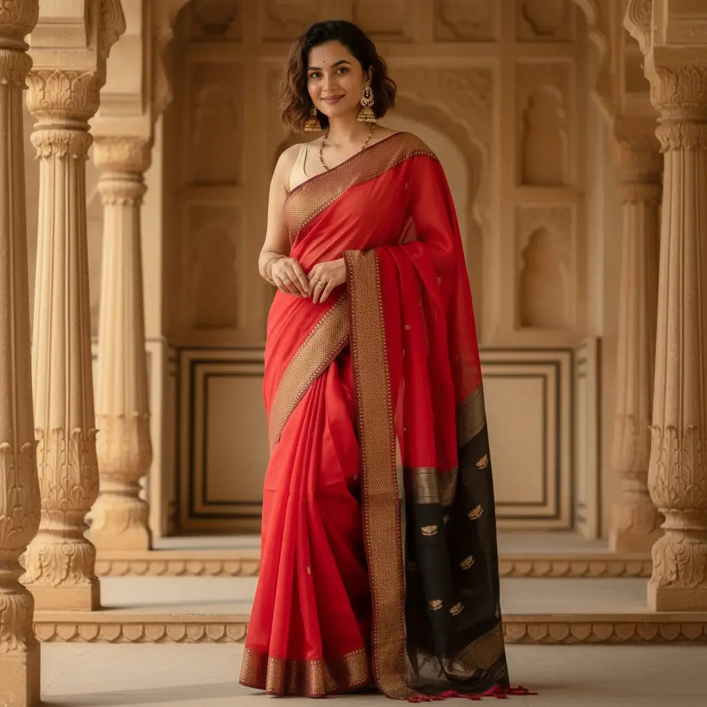 Women's Cotton  Printed Saree With Unstitched Blouse 5.5Mtr (Red) Kashvii