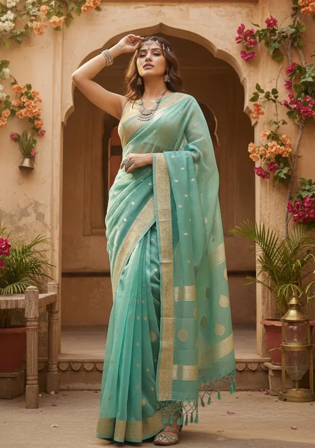 Women's Cotton  Printed Saree With Unstitched Blouse 5.5Mtr (Sky) Kashvii