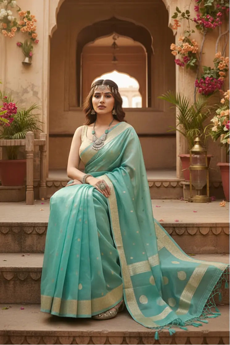 Women's Cotton  Printed Saree With Unstitched Blouse 5.5Mtr (Sky) Kashvii
