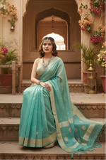 Load image into Gallery viewer, Women's Cotton  Printed Saree With Unstitched Blouse 5.5Mtr (Sky) Kashvii
