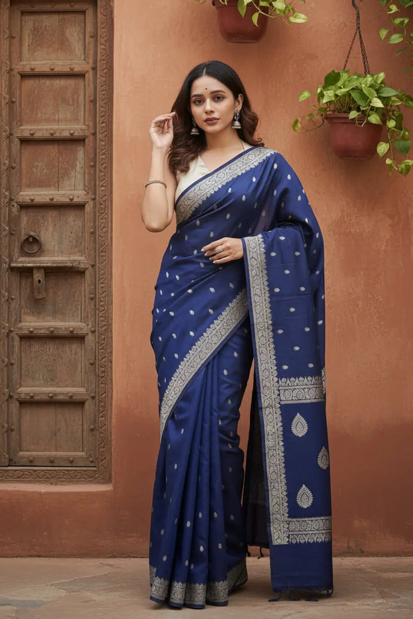 Women's Cotton  Printed Saree With Unstitched Blouse 5.5Mtr (Navy Blue) Kashvii