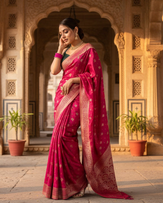 Women's silk printed saree with unstitched blouse 5