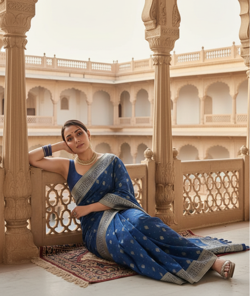 Women's Rama Silk Printed Saree With Unstitched Blouse -5.5Mtr Kashvii