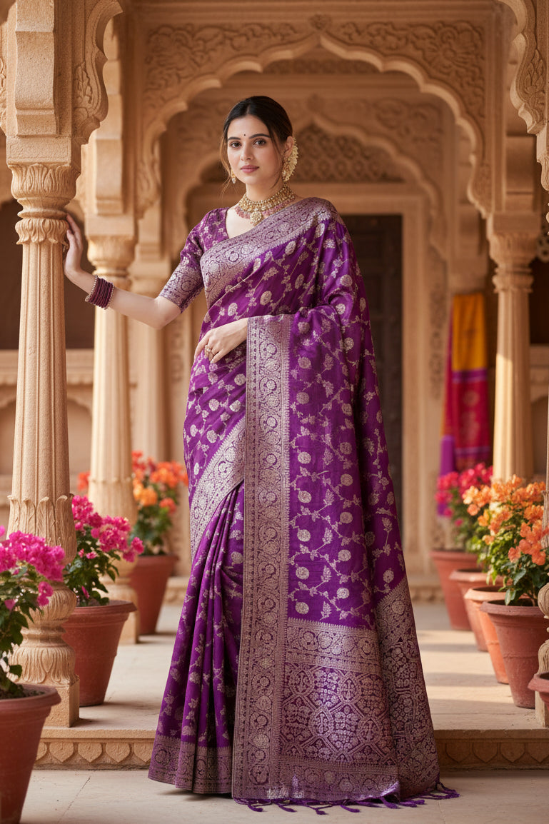 Women's silk printed saree with unstitched blouse 5