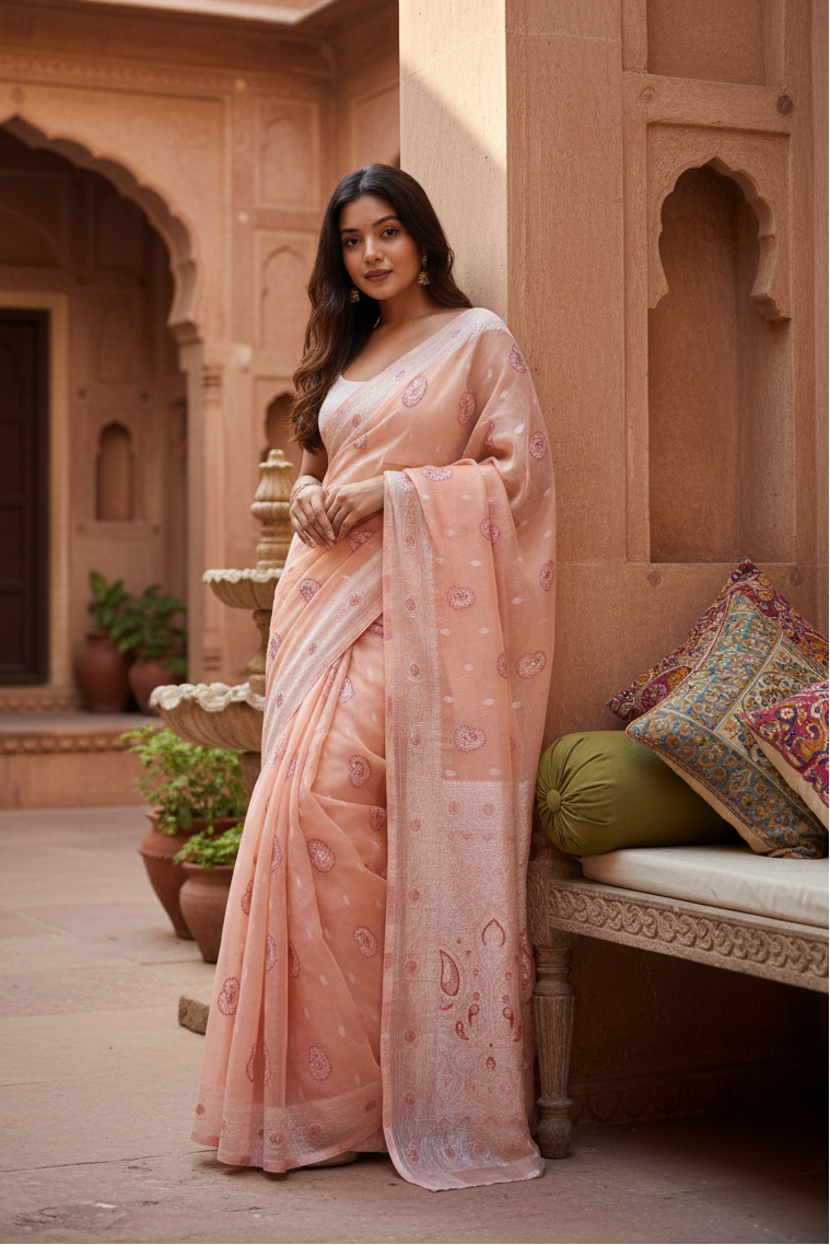Women's Cotton  Printed Saree With Unstitched Blouse 5.5Mtr (Peach) Kashvii