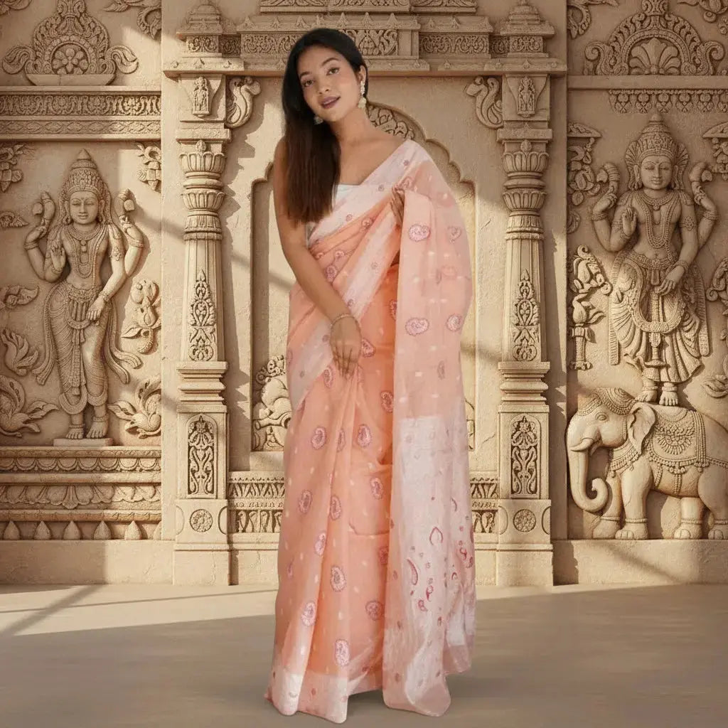 Women's Cotton  Printed Saree With Unstitched Blouse 5.5Mtr (Peach) Kashvii
