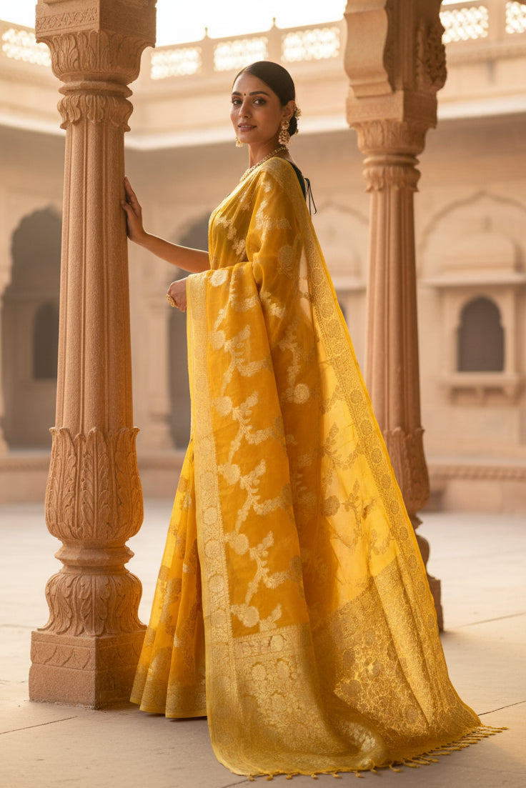 Women's Gold Yellow Silk Printed Saree With Unstitched Blouse- 5.5Mtr Kashvii