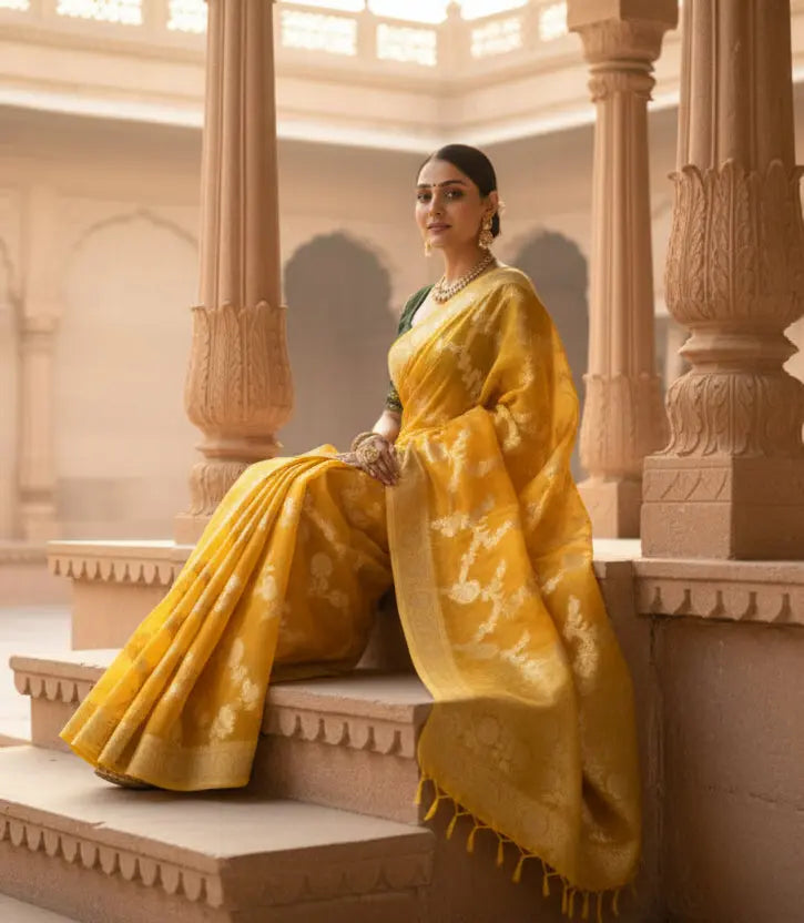 Women's gold yellow silk printed saree with unstitched blouse  5
