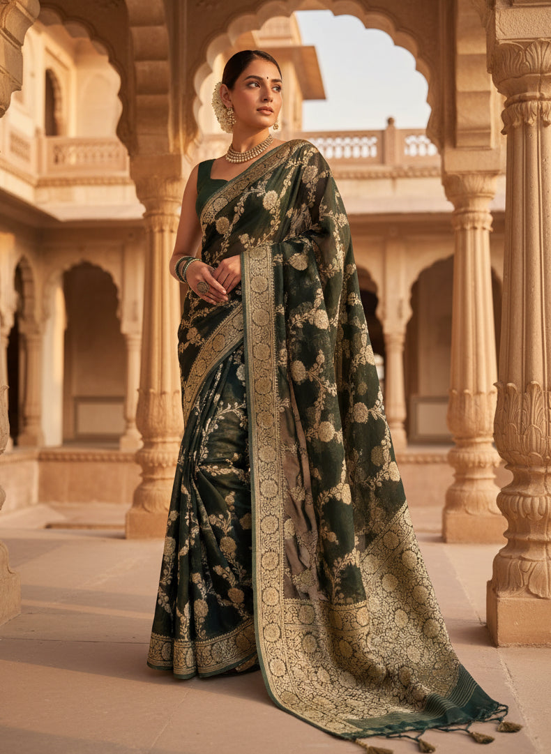 Women's Dark Green Silk Printed Saree With Unstitched Blouse 5.5Mtr Kashvii