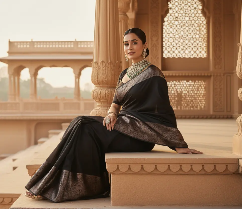 Women's silk printed saree with unstitched blouse 5