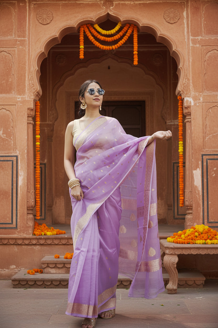 Women's Cotton  Printed Saree With Unstitched Blouse 5.5Mtr (Lavender) Kashvii