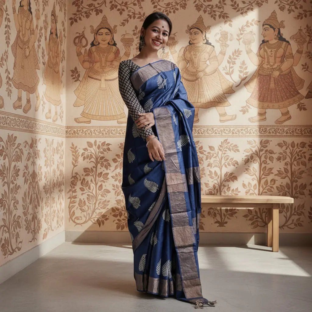 Women's Navy Blue Silk Printed Saree With Unstitched Blouse -5.5Mtr Kashvii