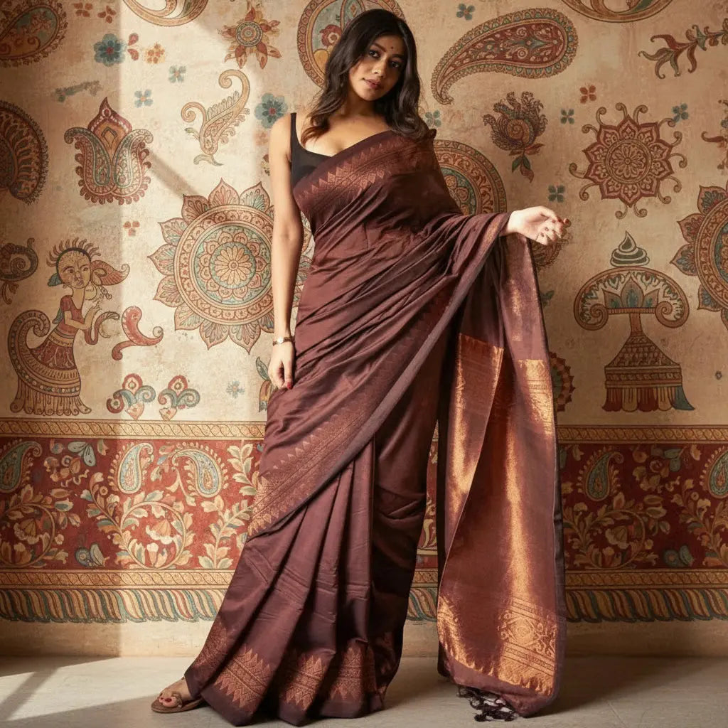 Women's coffee silk printed saree with unstitched blouse  5