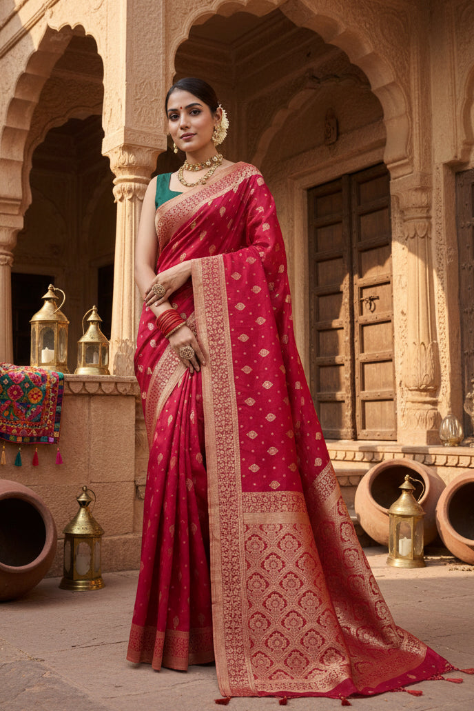 Women's Red Silk Printed Saree With Unstitched Blouse- 5.5Mtr Kashvii