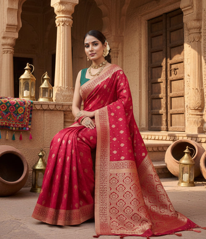 Women's Red Silk Printed Saree With Unstitched Blouse- 5.5Mtr Kashvii