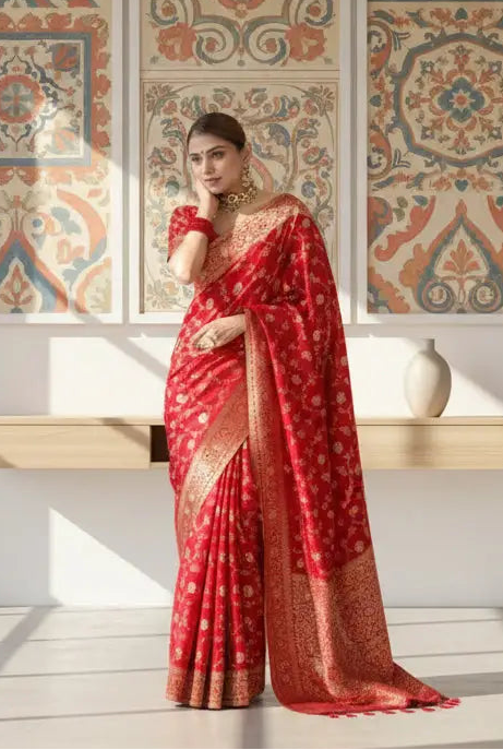 Women's Red Silk Printed Saree With Unstitched Blouse -5.5Mtr Kashvii