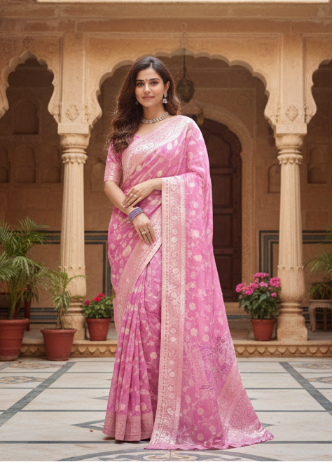 Women's Silk Printed Saree With Unstitched Blouse 5.5Mtr (Pink) Kashvii