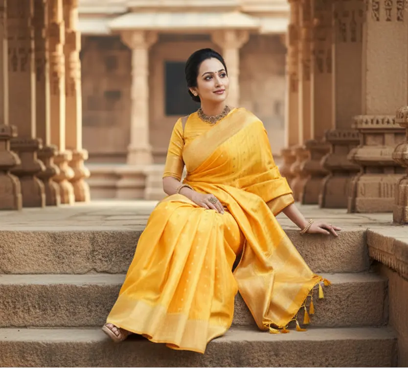 Women's yellow silk printed saree with unstitched blouse  5