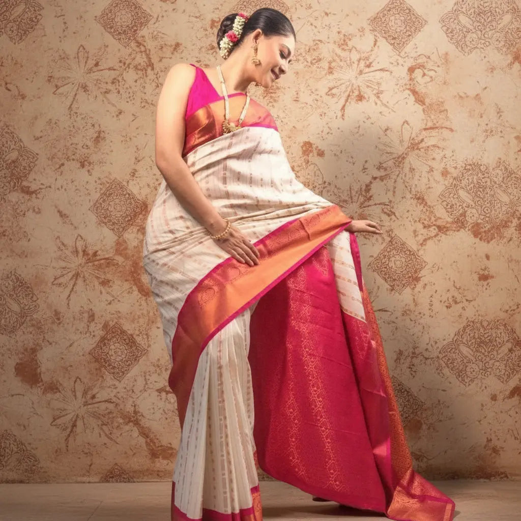 Women's Silk Printed Saree With Unstitched Blouse 5.5Mtr (White-Pink) Kashvii
