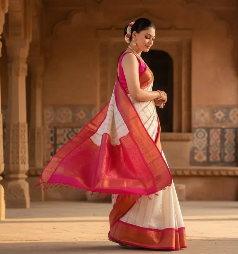 Women's Silk Printed Saree With Unstitched Blouse 5.5Mtr (White-Pink) Kashvii