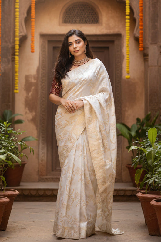 Women's Silk Printed Saree With Unstitched Blouse 5.5Mtr (White) Kashvii
