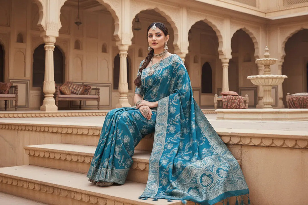 Women's Teal Blue Silk Printed Saree With Unstitched Blouse -5.5Mtr Kashvii