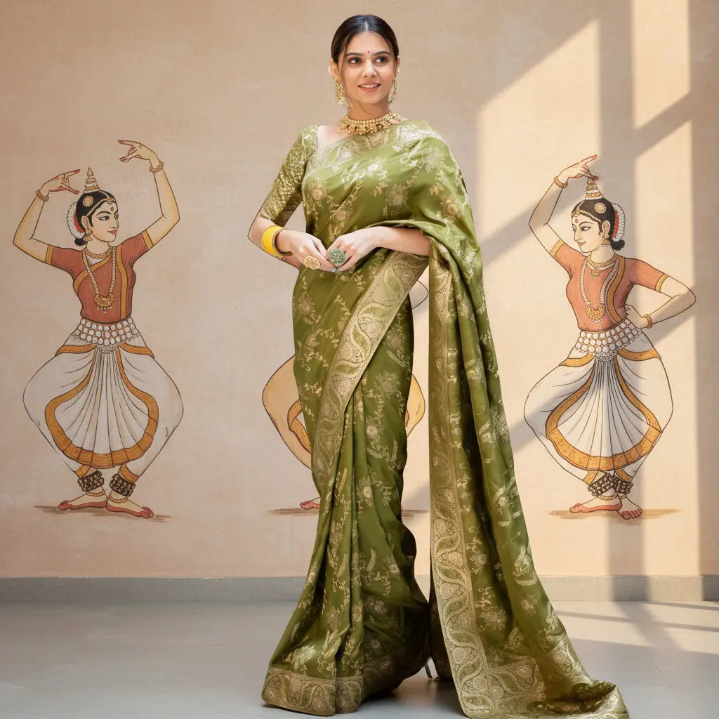 Women's Olive Green Silk Printed Saree With Unstitched Blouse -5.5Mtr Kashvii