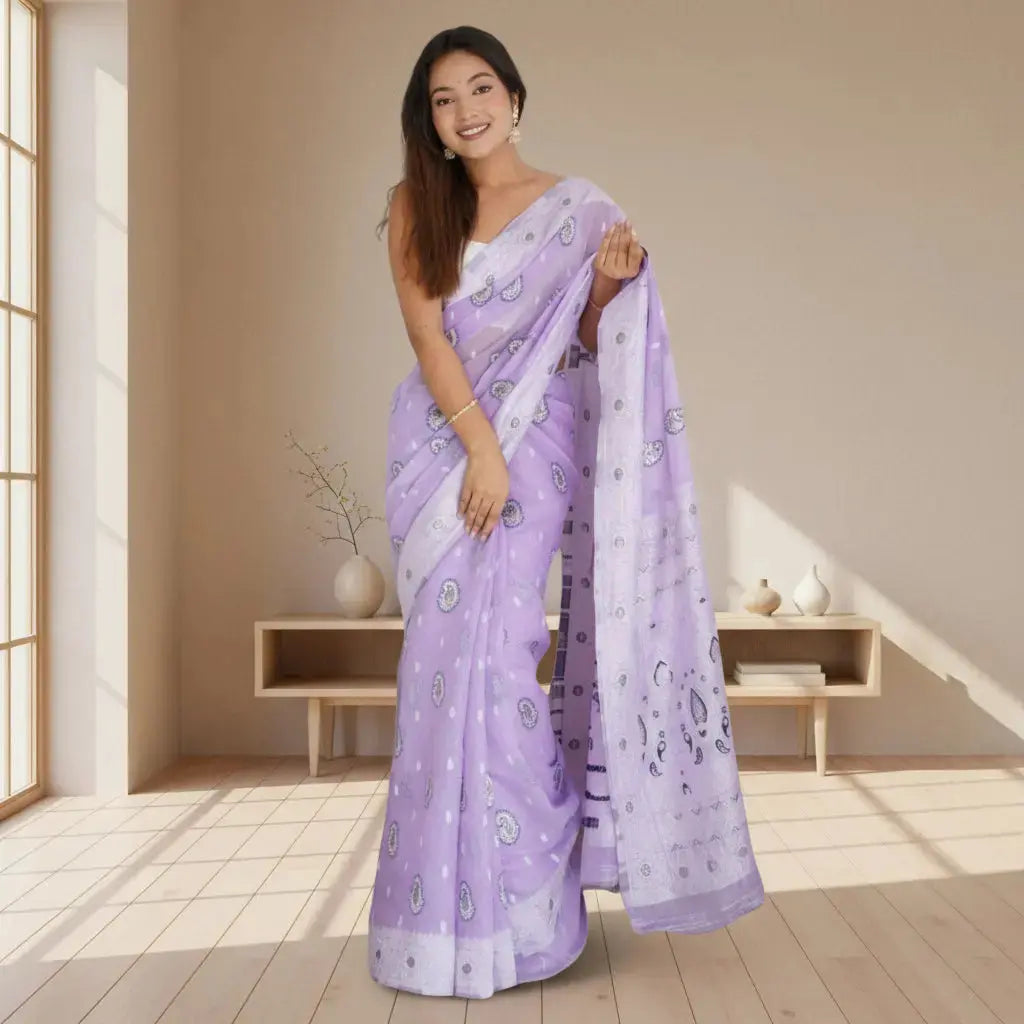 Women's Cotton  Printed Saree With Unstitched Blouse 5.5Mtr (Lavender) Kashvii