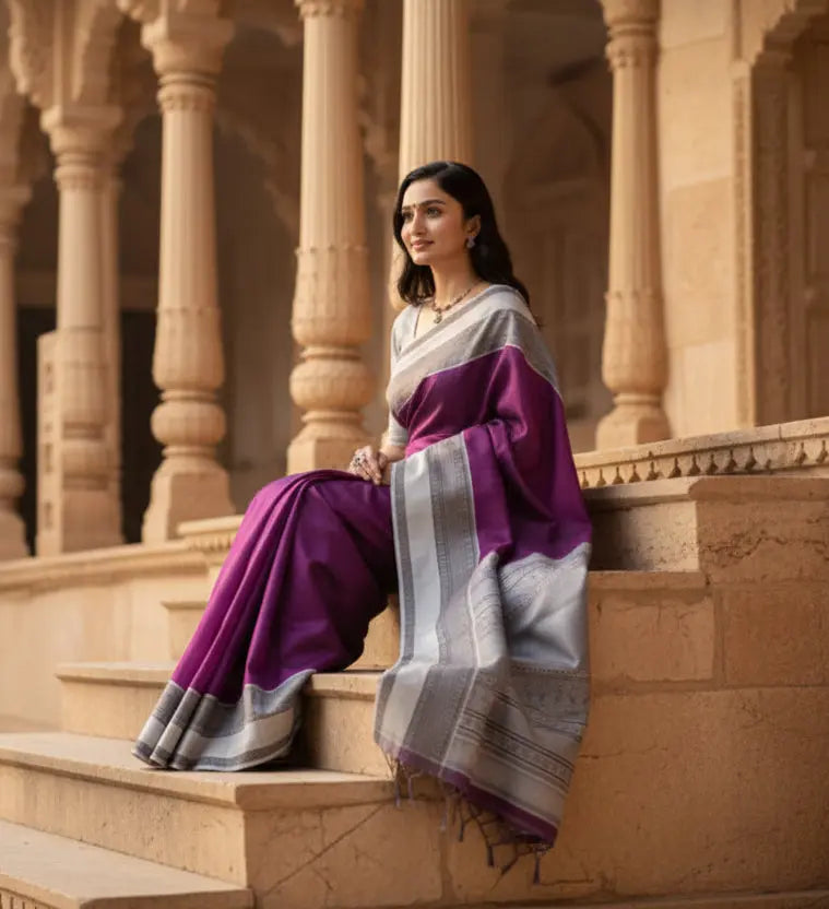 Women's purple silk printed saree with unstitched blouse  5