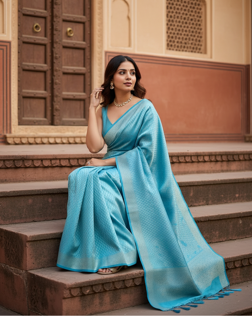 Women's sky blue silk printed saree with unstitched blouse  5