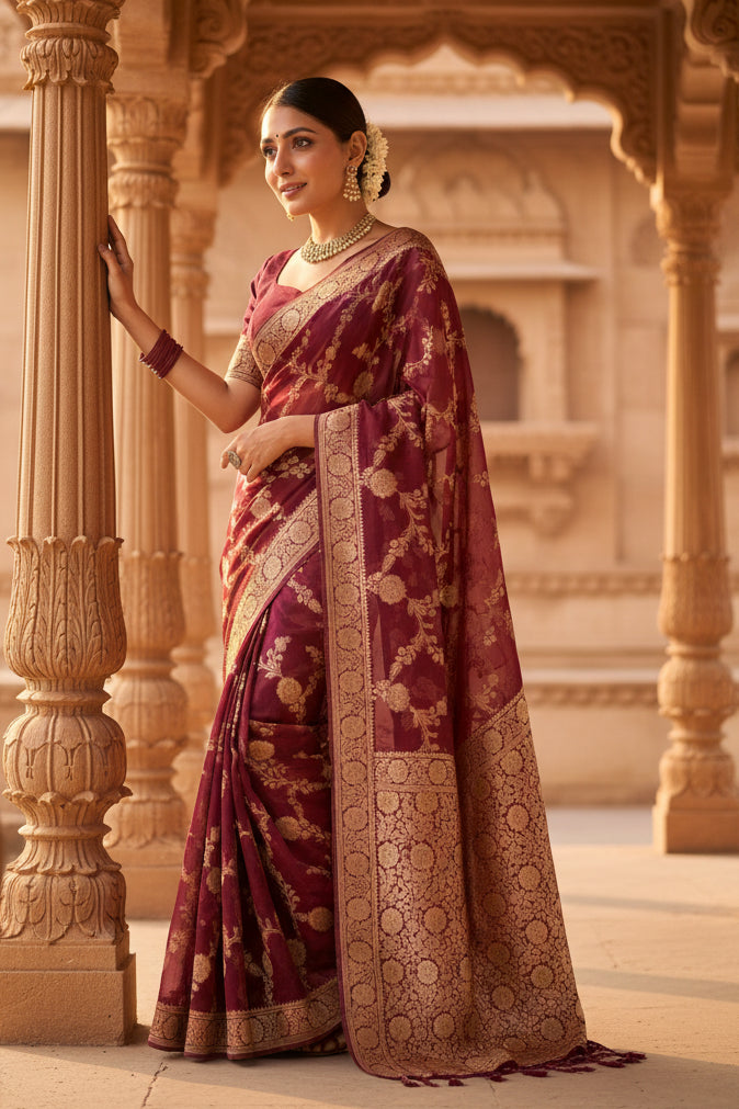 Women's silk printed saree with unstitched blouse 5