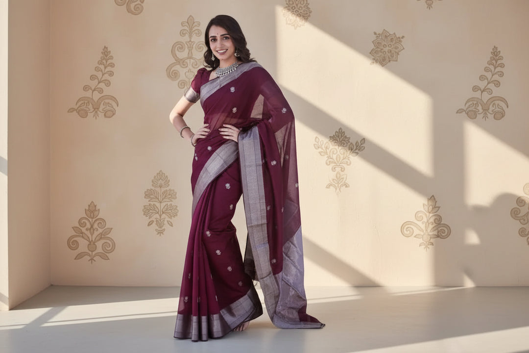 Women's Cotton  Printed Saree With Unstitched Blouse 5.5Mtr (Maroon) Kashvii