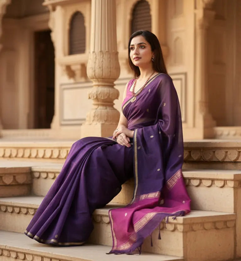 Women's navy blue cotton  printed saree with unstitched blouse  5