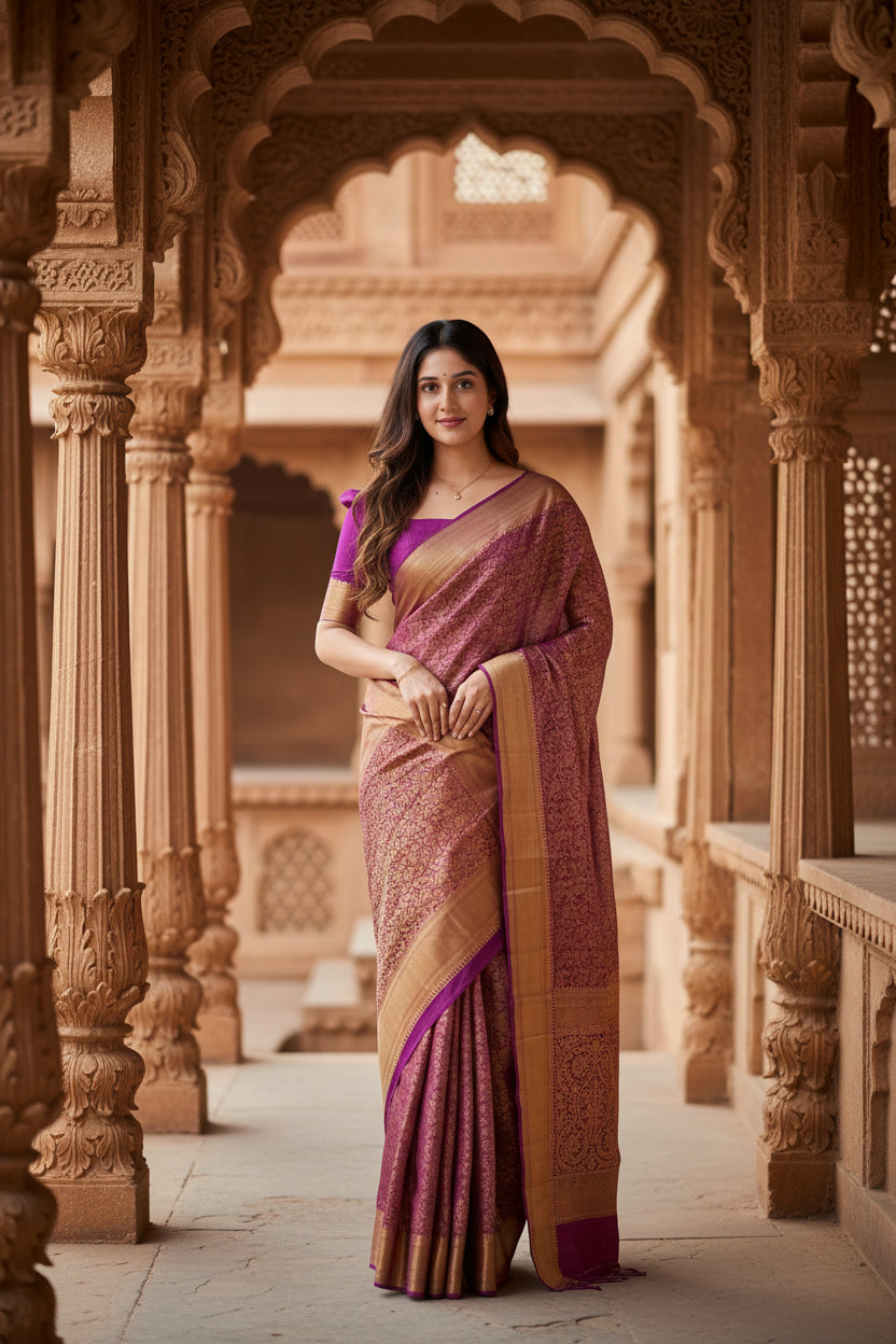 Women's Silk Printed Saree With Unstitched Blouse 5.5Mtr (Wine) Kashvii