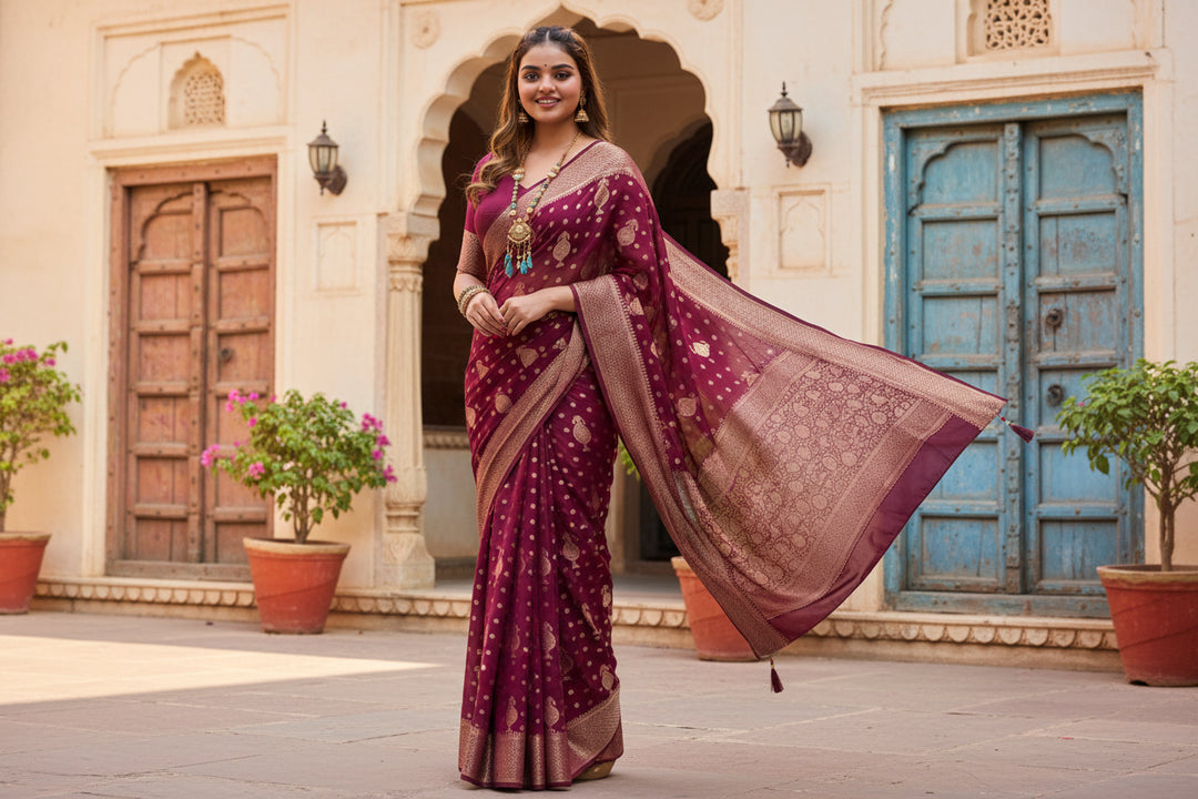 Women's Wine Silk Printed Saree With Unstitched Blouse -5.5Mtr Kashvii